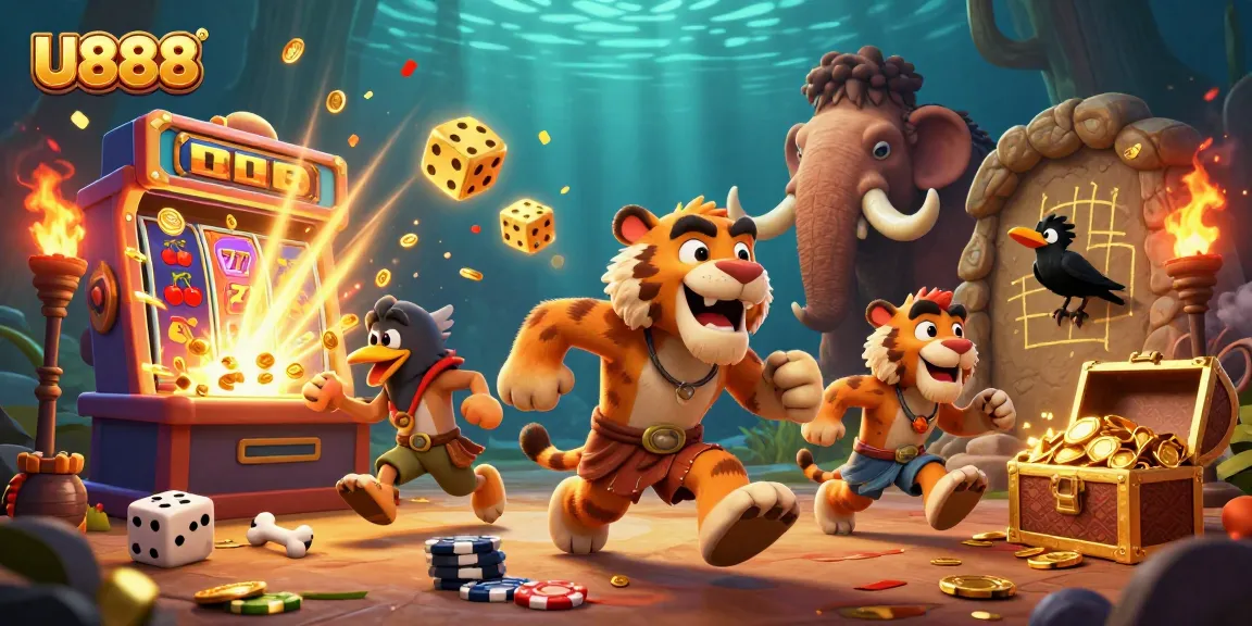 U888 players winning big at a dynamic prehistoric casino with jackpot slots and vibrant game elements.