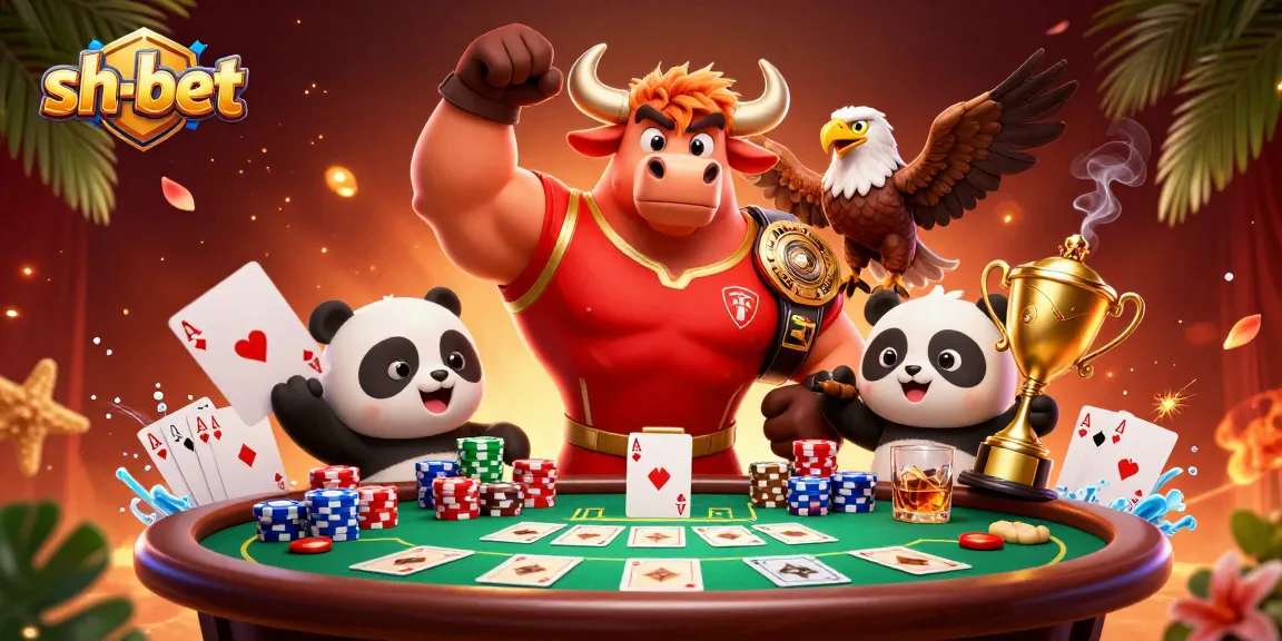 Join the winning crew at sh-bet with a muscular bull, a fierce eagle, and a joyful panda at a poker table.