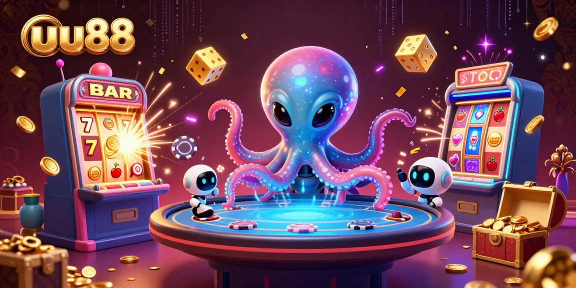 Engage in thrilling gameplay at uu88 with cartoon alien octopus gambling at a vibrant casino scene.
