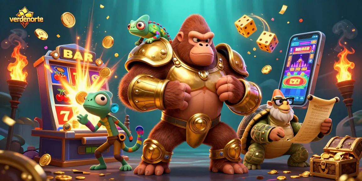 Experience the excitement of gambling at verdenorte with vibrant casino elements and characters in an action-packed scene.