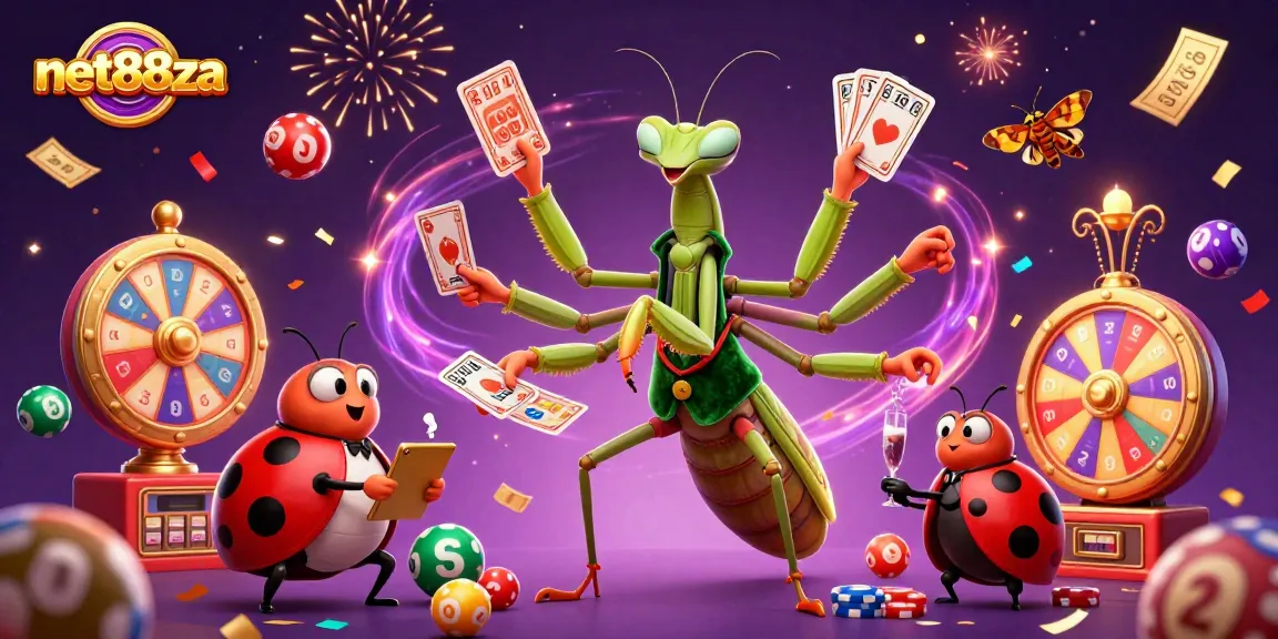 Engage in thrilling gameplay at net88za with a cartoon praying mantis and ladybug in vibrant illustration.
