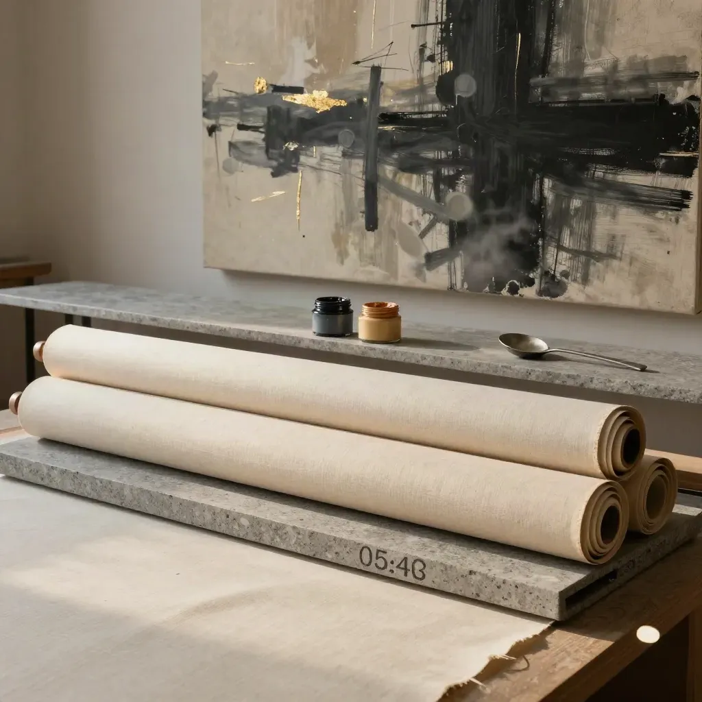 Atelier premium con canvas astratto, materiali artistici e luce morbida dell’alba dopo la pioggia.