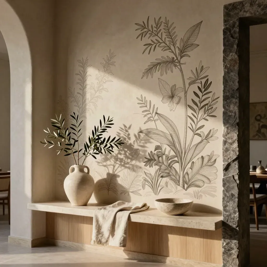 Pannello illustrato botanico su misura in nicchia pranzo con vaso in ceramica e pietra chiara.