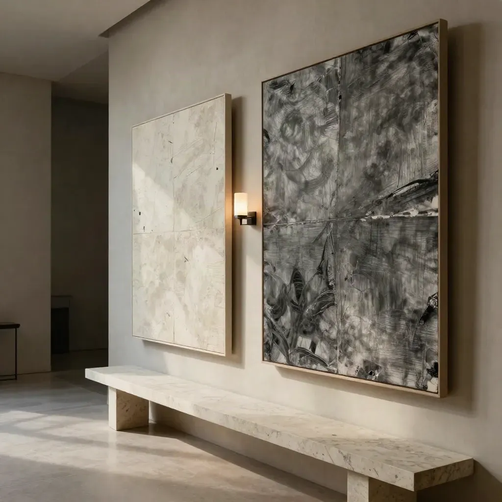 Corridoio elegante con due grandi opere in carbone e avorio sopra una panca di pietra chiara.