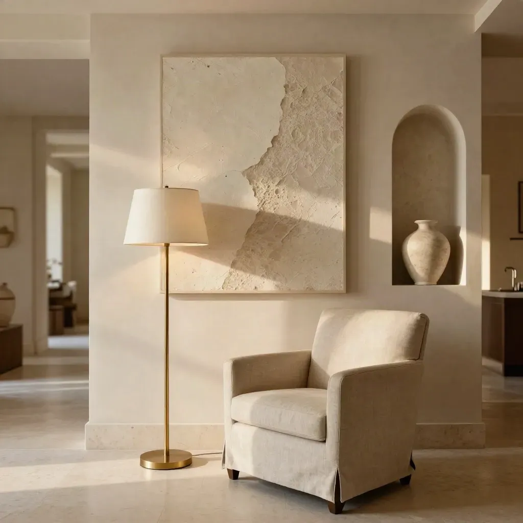 Suite boutique con grande opera a parete, lampada in ottone e poltrona in lino