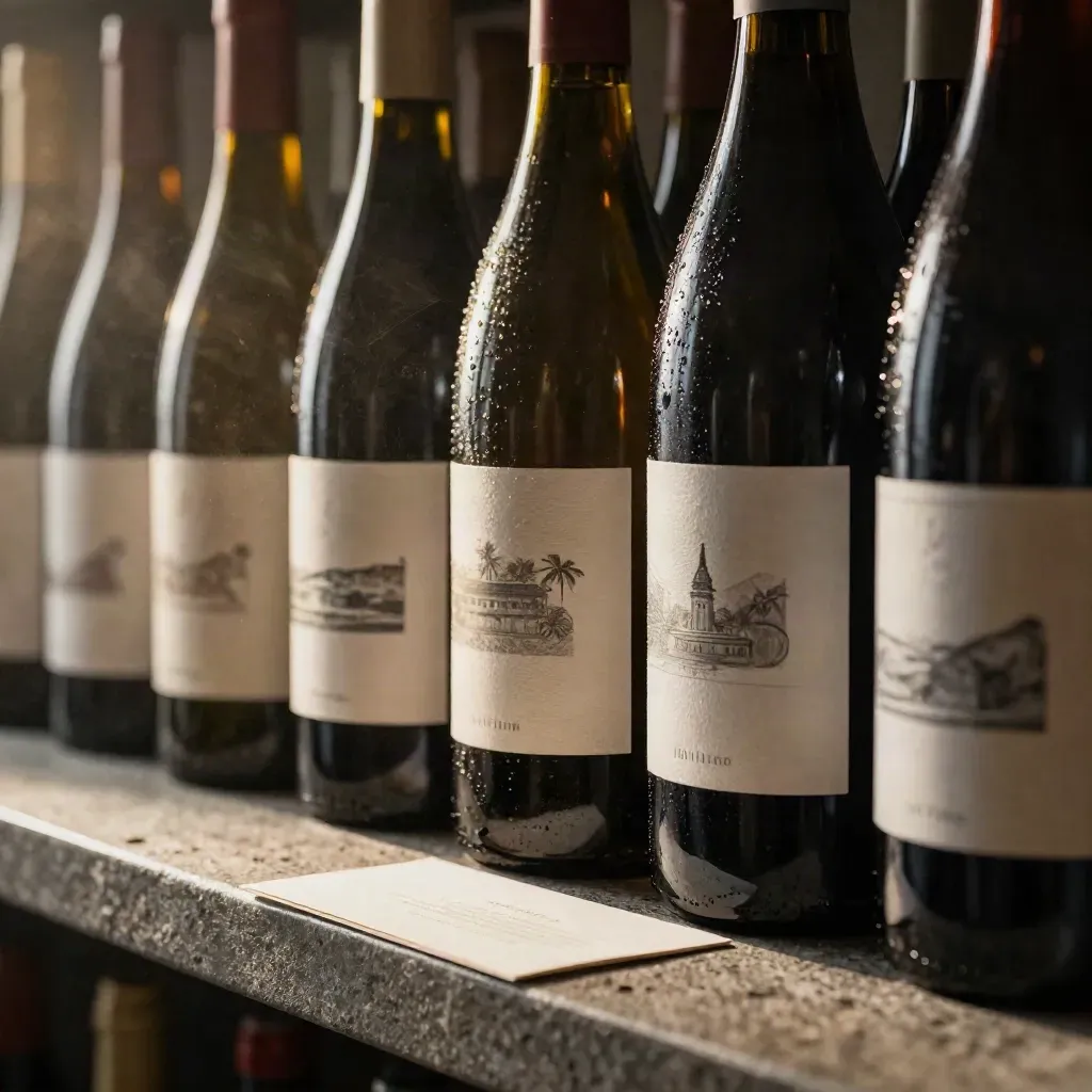 Bottiglie matte con etichette avorio illustrate, cofanetto e prova piegata in una cantina