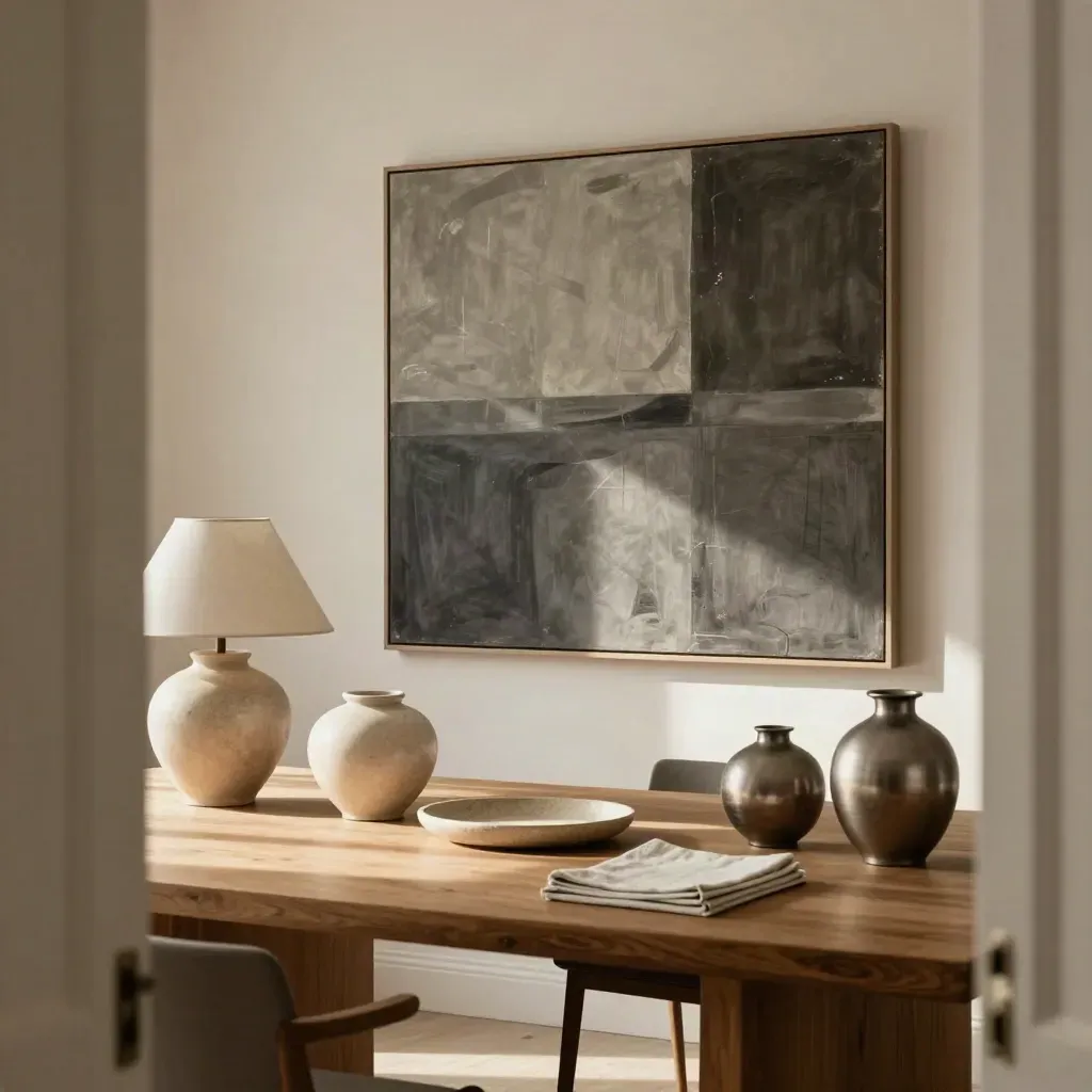 Sala riunioni essenziale con grande opera monocroma, tavolo in rovere e due lampade ceramiche.