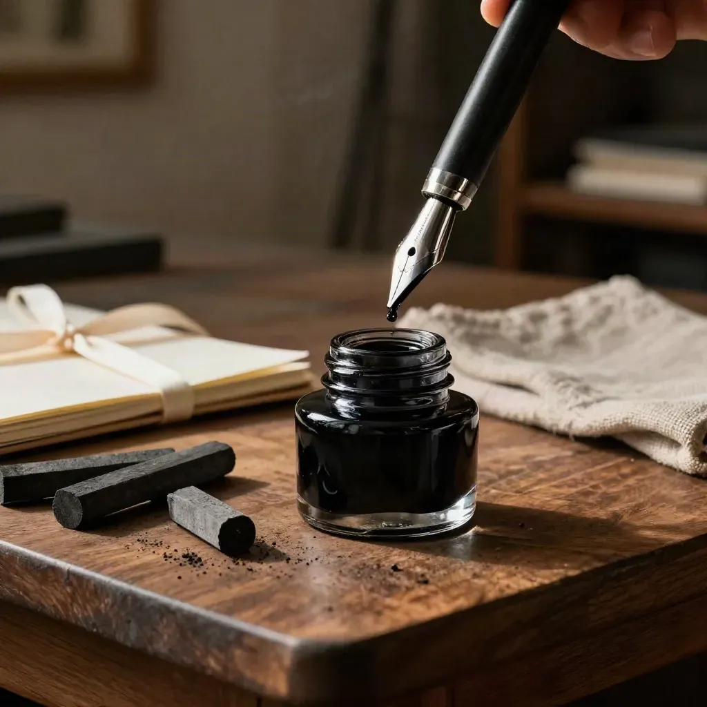 Pennino, calamaio, carboncini e sketchbook chiuso su banco di legno, luce drammatica