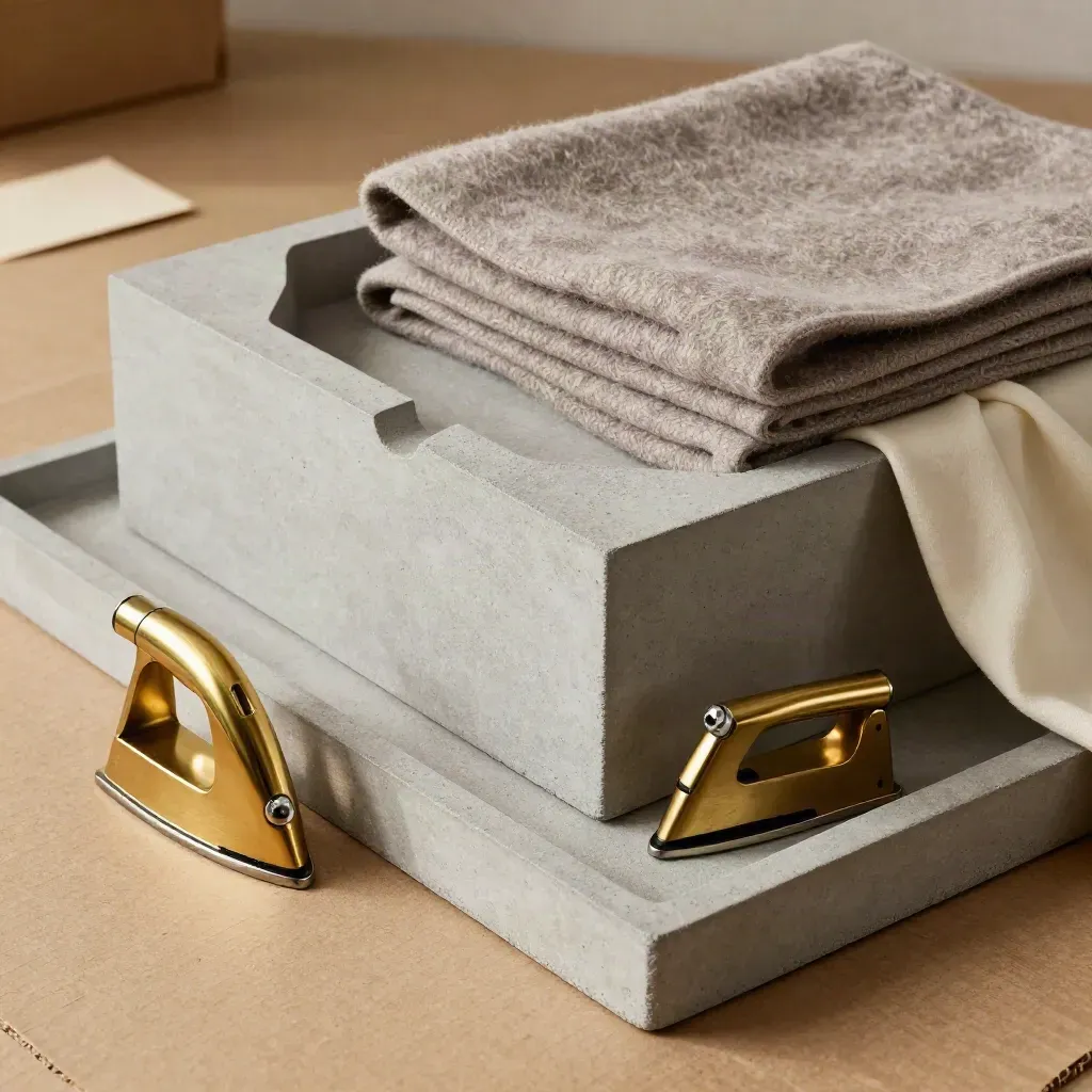 Cassa da trasporto con foam, coperte in feltro e fissaggi in ottone su fondo grigio