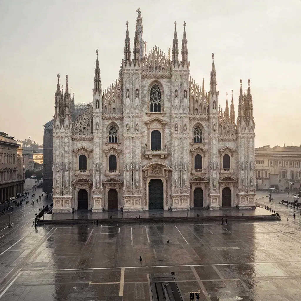 Duomo di Milano all’alba sopra una piazza bagnata, atmosfera calda e silenziosa.