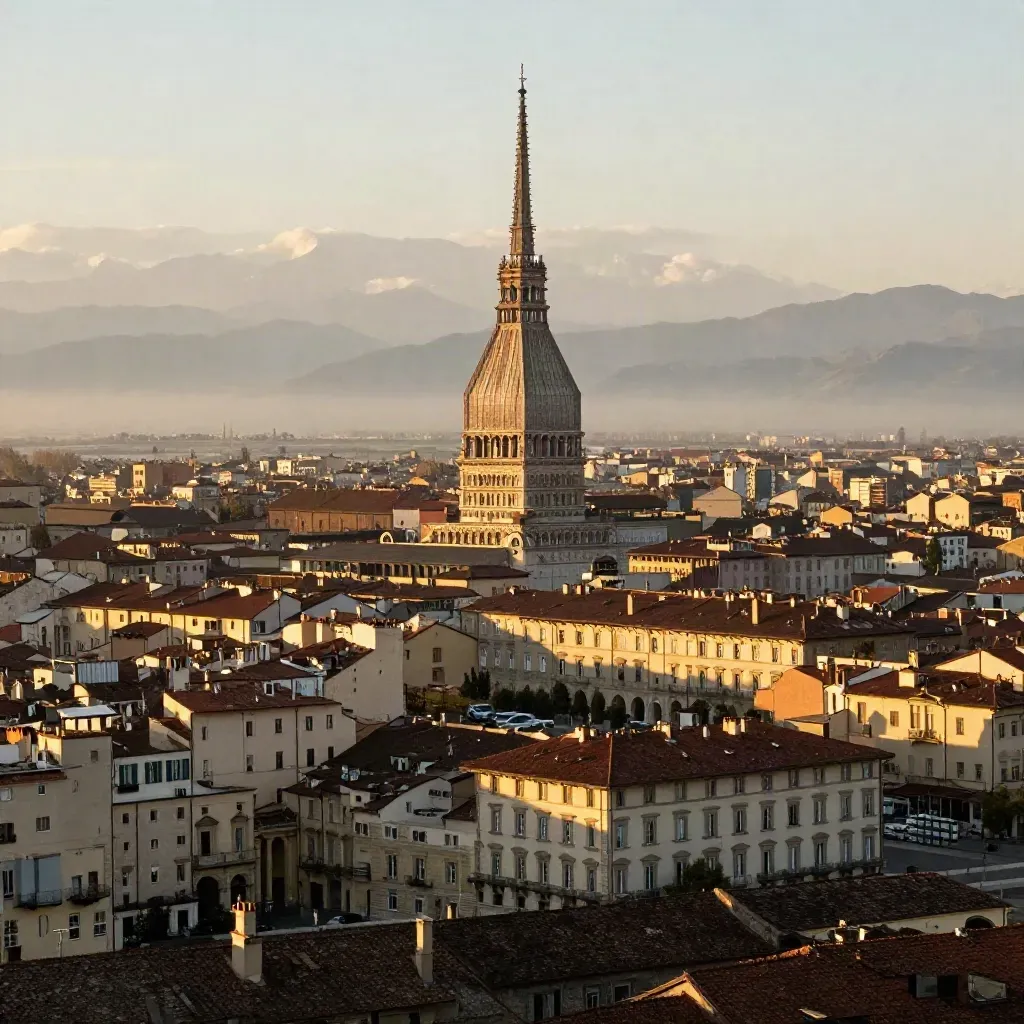 Mole Antonelliana sopra i tetti di Torino al tramonto, pianura morbida e nebbia dorata