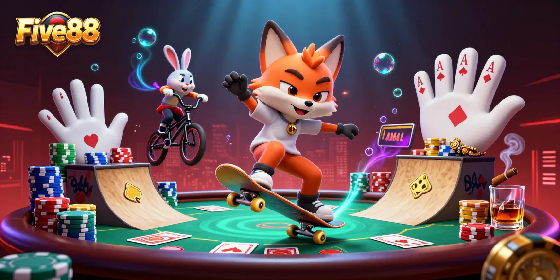 Join the excitement at Five88, where a skateboarder fox flips over poker chips amidst vibrant casino elements.