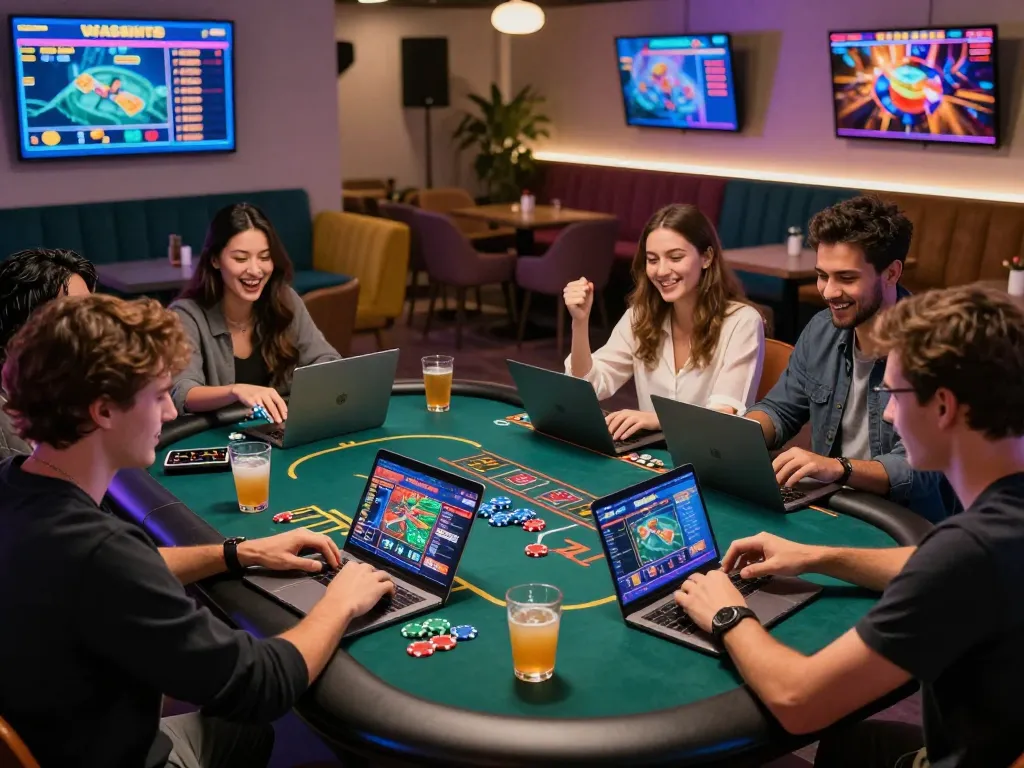 Friends engaging in exciting gameplay at MM88 online casino, vibrant atmosphere with gaming elements.