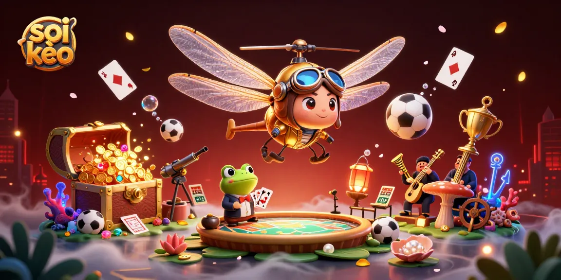 Experience exhilarating soi kèo sports betting with a vibrant scene featuring a dragonfly pilot and lively characters.