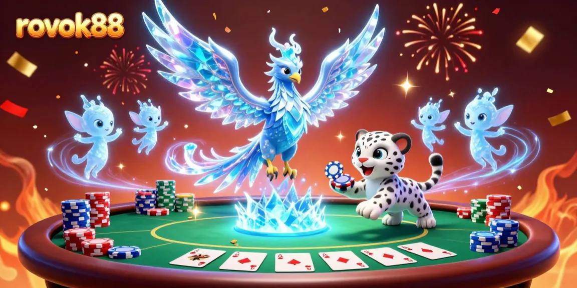 Experience rokok88's vibrant casino scene with an ice phoenix, poker elements, and celebratory confetti.