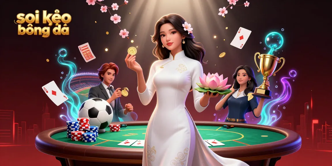 Soi kèo bóng đá betting scene with an elegant woman in ao dai holding golden coin and lotus flower.