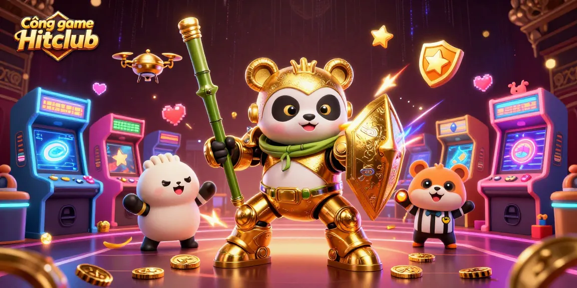 Play and win at Cổng game Hitclub with our engaging arcade robot-themed illustration, featuring exciting gaming elements.