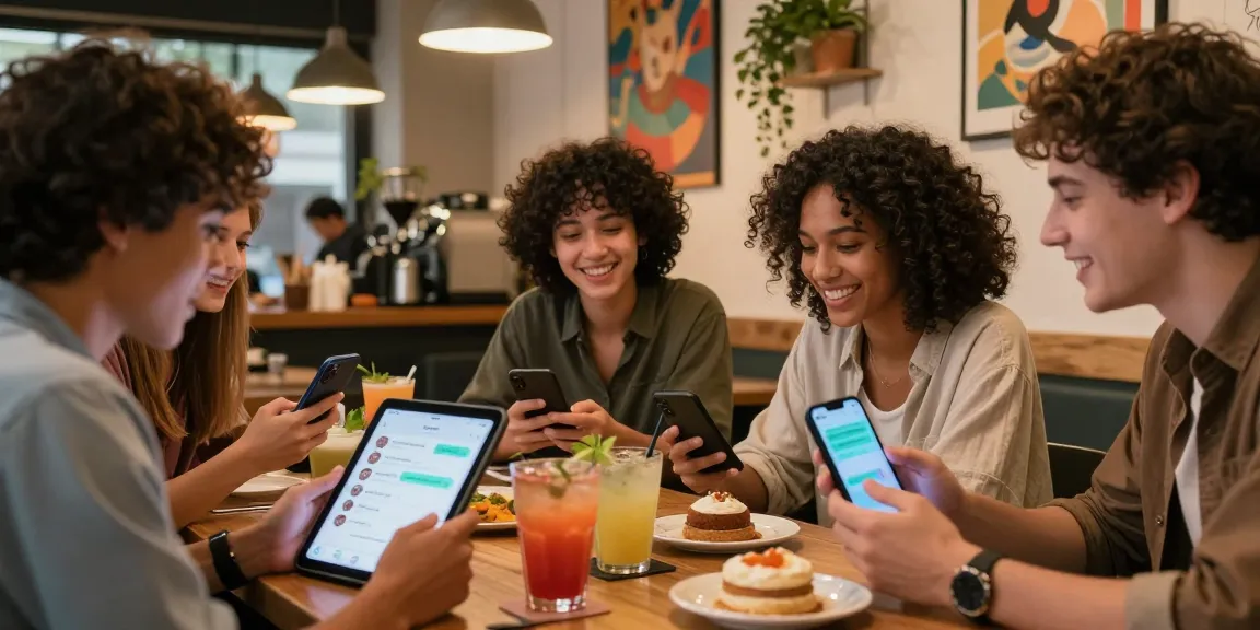 Diverse group enjoying spicy chat AI features at a cozy café