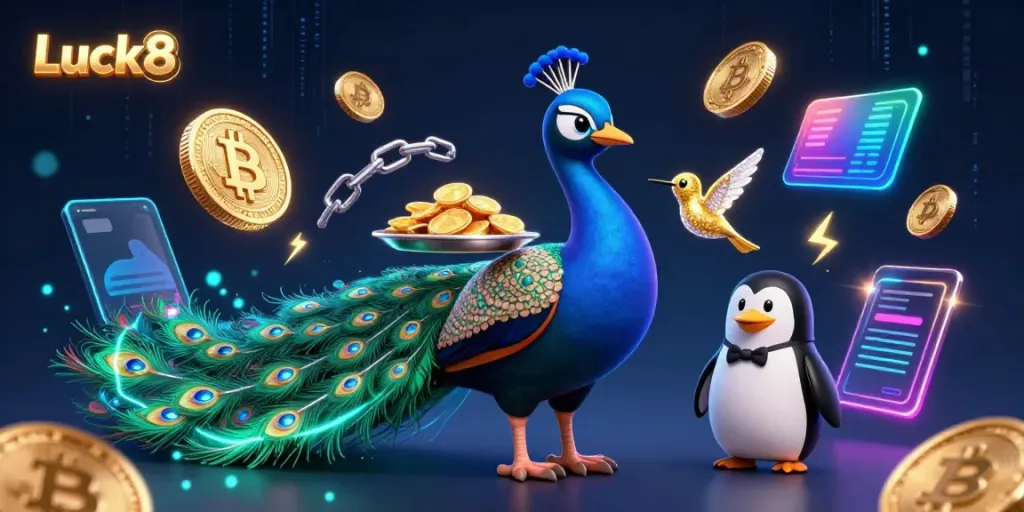 Luck8 casino scene featuring a vibrant peacock, penguin butler, and hummingbird amidst glowing crypto coins.