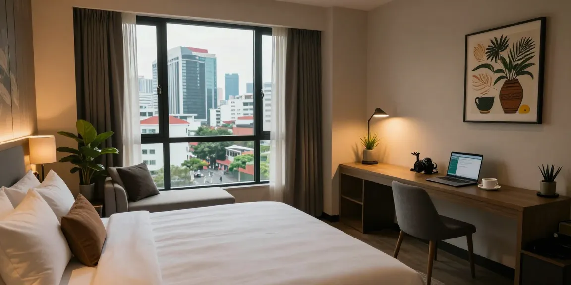 Discover the inviting hotel room at ROKOK88 with modern amenities and city views in Jakarta Selatan.