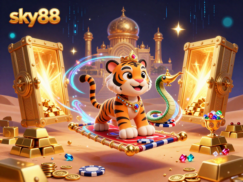 Sky88's exciting gambling scene with a tiger sultan, treasure, and vibrant casino elements.