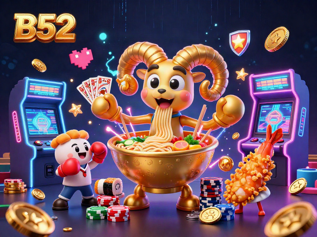 B52 themed casino scene with a giant ramen bowl dealer, sushi dealers, and vibrant arcade elements.