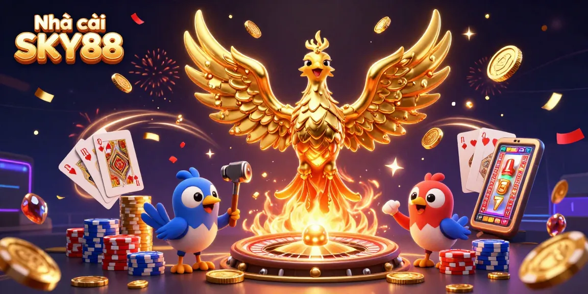 Engage with Nhà cái SKY88 and explore vibrant 3D casino dynamics featuring molten gold phoenix and lively gaming elements.