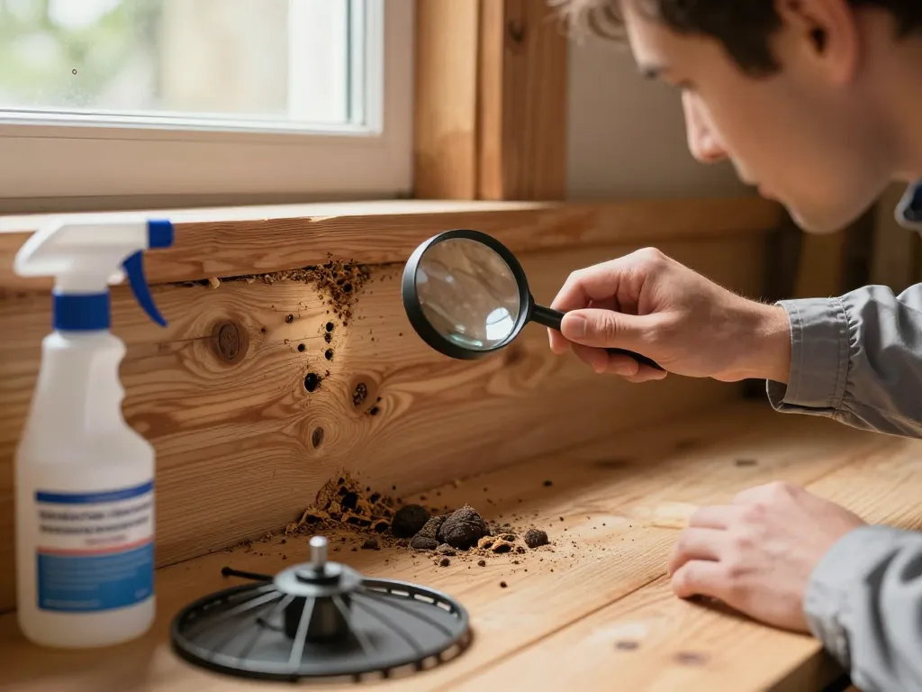 Approccio efficace per il controllo dei parassiti del legno che evidenzia l'eliminazione del coleottero del legno con ispezione esperta di travi di legno infestate.