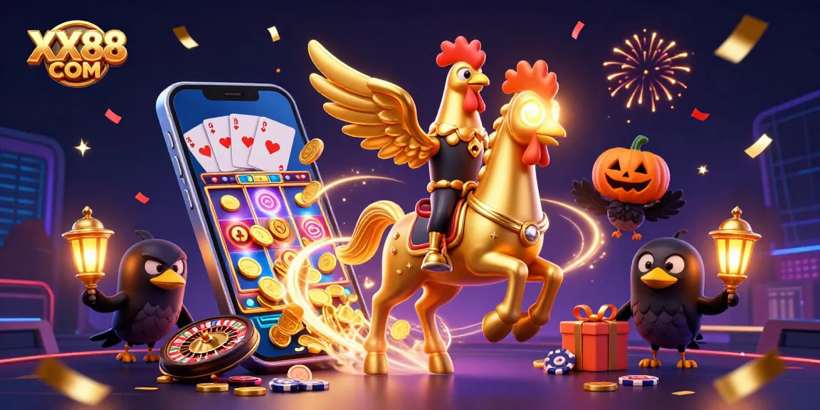 Play exciting games at XX88 COM with a golden rooster leading a vibrant casino scene.