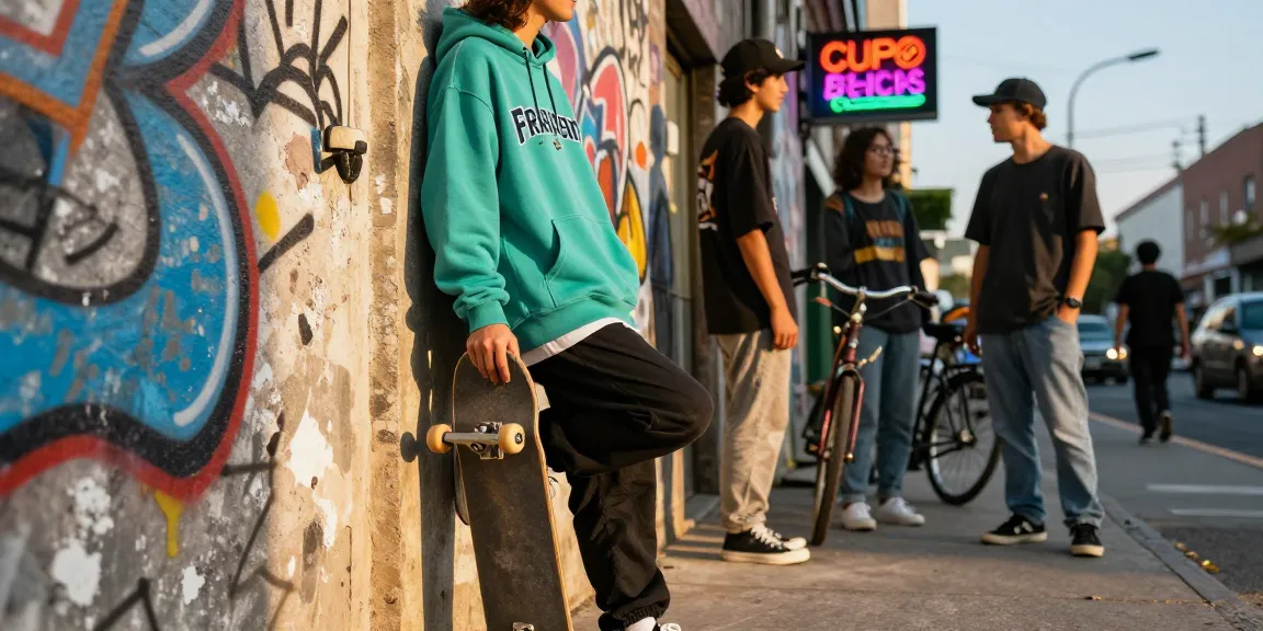 Individuo stiloso con felpa Frapstar originale che mostra la moda urbana streetwear.