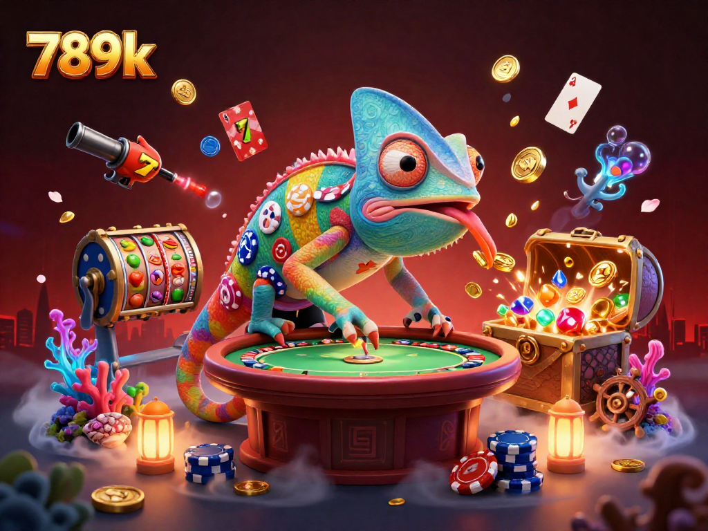 Engage with 789k's lively casino scene featuring a colorful chameleon owner and vibrant slot symbols.