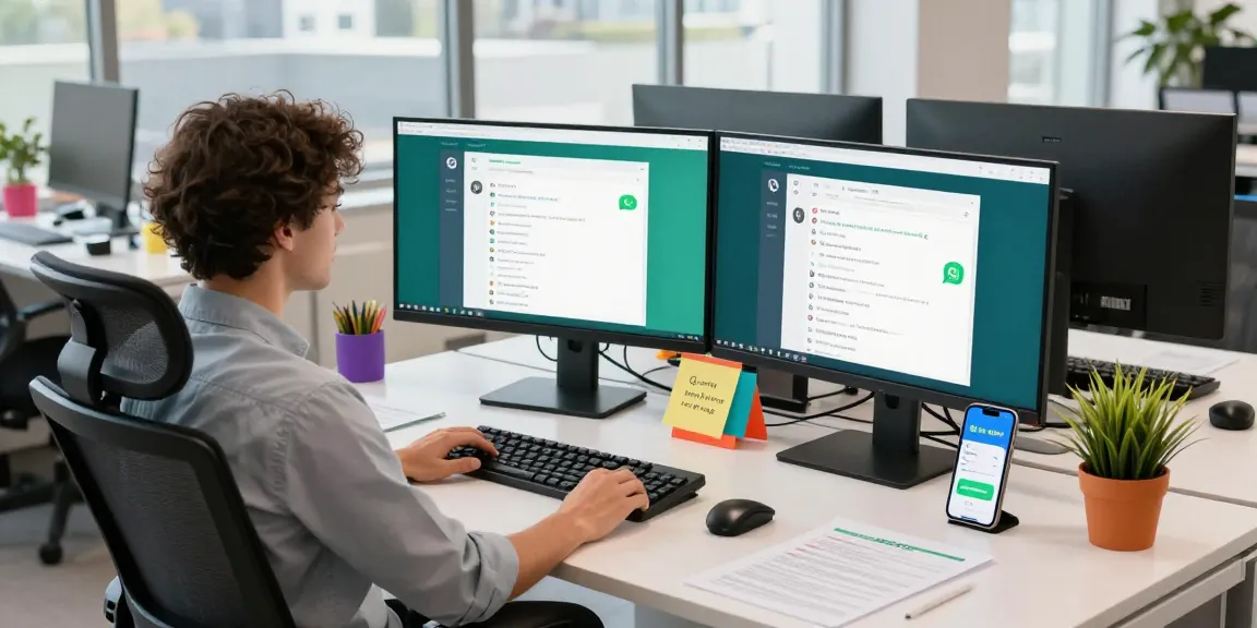 Engaging image of WhatsApp網頁版 in a modern tech workspace with dual monitors.