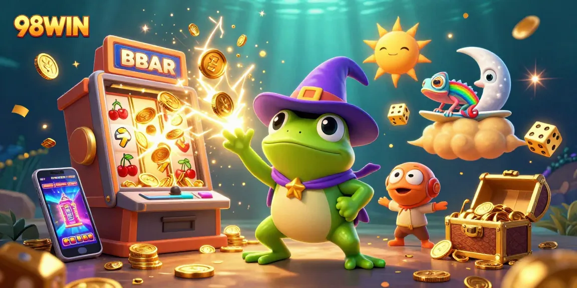 Experience a thrilling 98WIN slot adventure with golden coins falling in a vibrant casino scene.