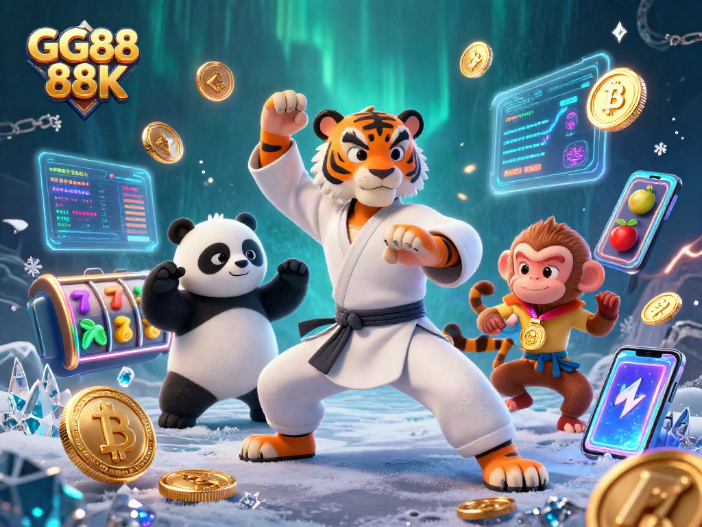 Engage with the vibrant GG88 88K casino scene filled with action, gold coins, and playful characters.