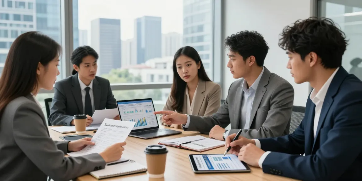 Business professionals collaborating on merchant cash advance strategies in a modern office setting, highlighting teamwork and finance discussions.