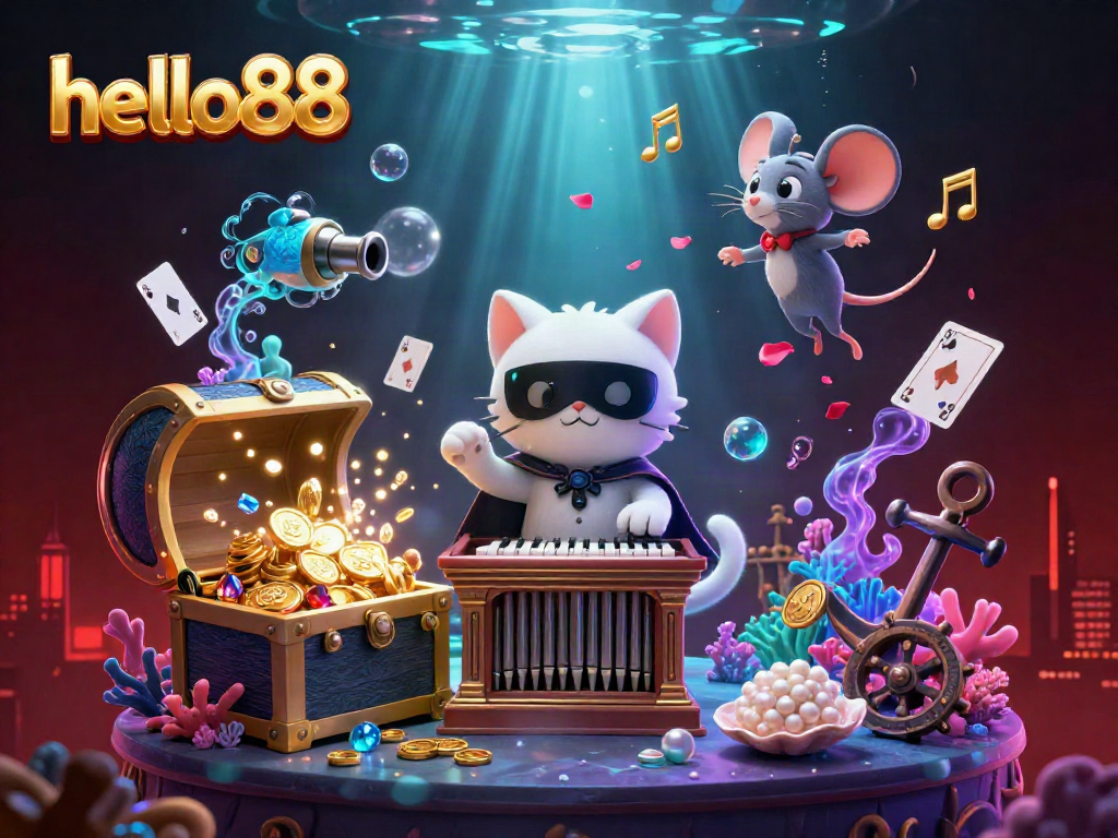 Experience exciting gameplay at hello88 with a whimsical 3D casino scene showcasing a phantom cat and acrobat.