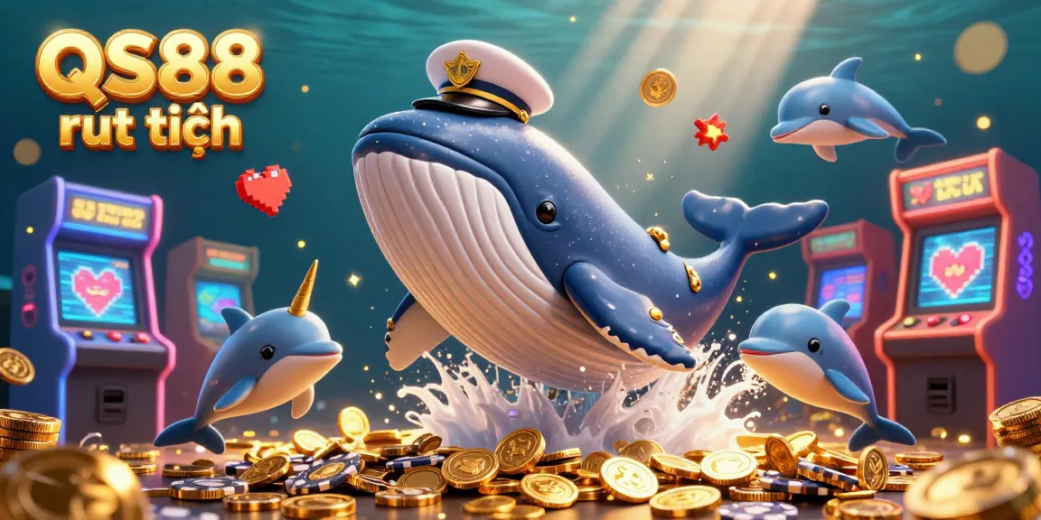 QS88 rút tiền scene with a whale and narwhal amidst coins, enhancing the online casino experience.