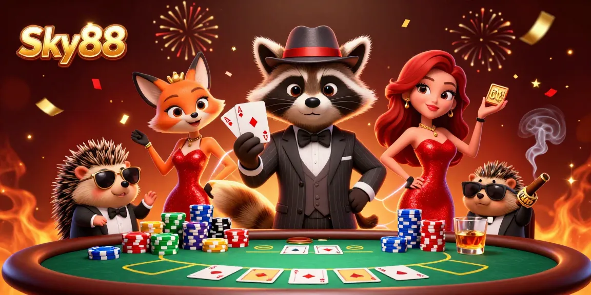 Experience thrilling gameplay at Sky88 with dynamic poker scenes featuring raccoon and friends.