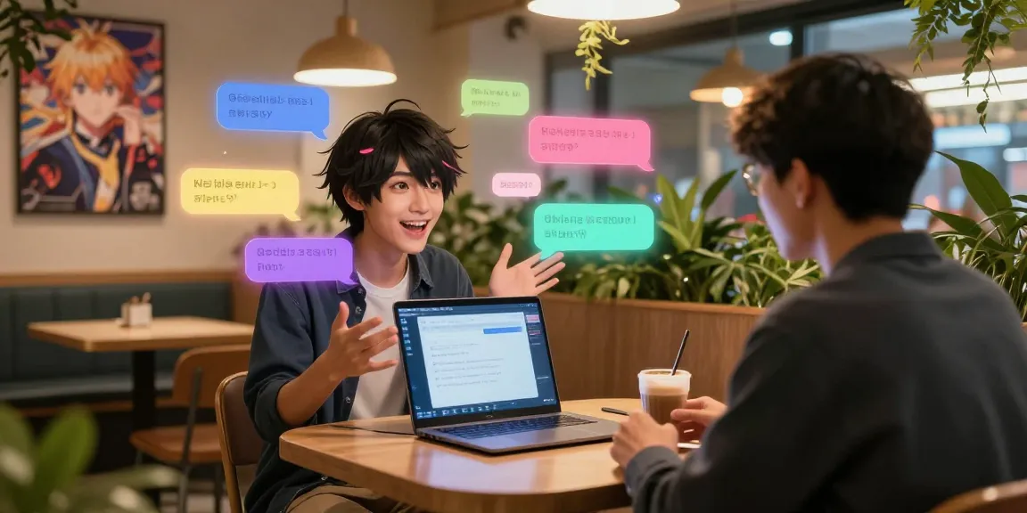 Engaging ai hentai chat with an animated character in a vibrant digital café setting.