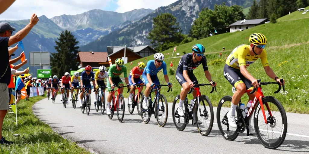 Calcio ciclismo: ciclisti in gara durante un'importante corsa con montagne sullo sfondo.