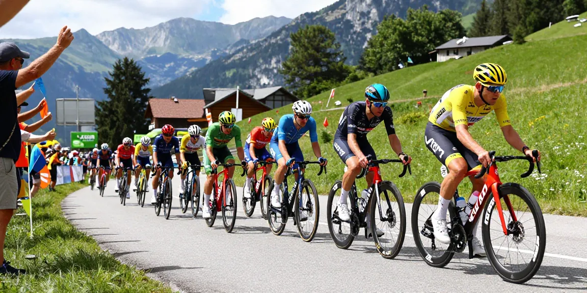Calcio ciclismo: ciclisti in gara durante un'importante corsa con montagne sullo sfondo.