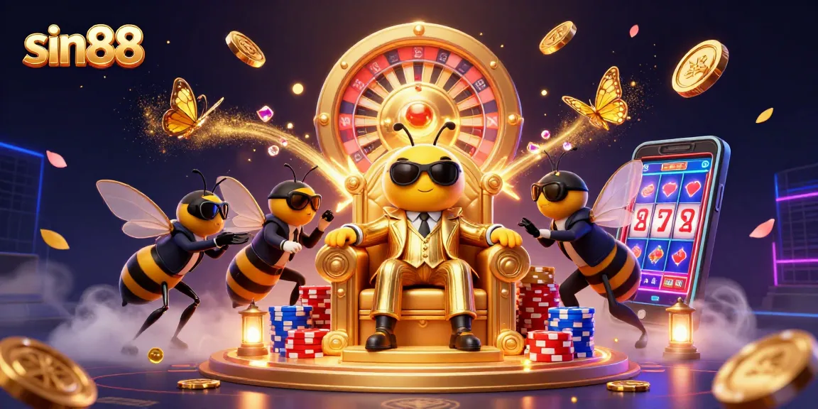 Engage in thrilling gameplay with sin88 at a vibrant casino scene featuring animated characters and joyous activities.