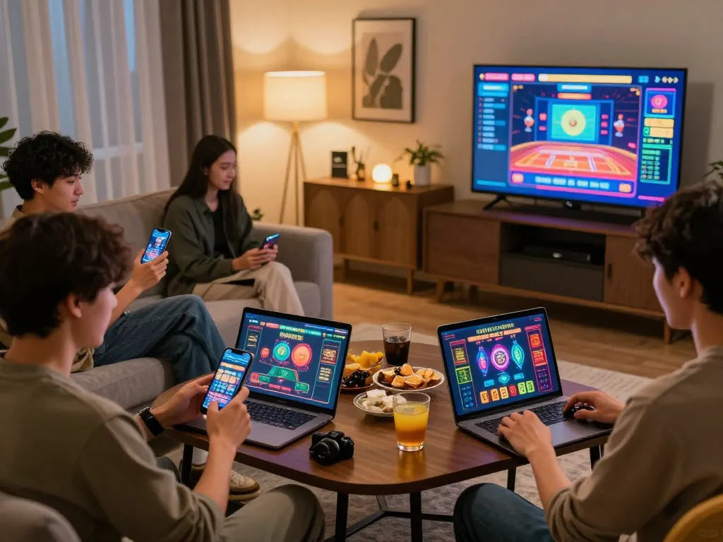 Young adults playing on nk88, enjoying online casino games in a vibrant living room setting.