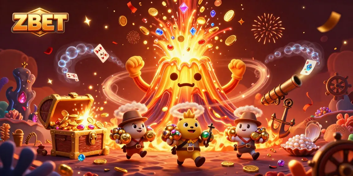 ZBET players revel in treasure as the golden volcano erupts coins and gems in a thrilling casino scene.