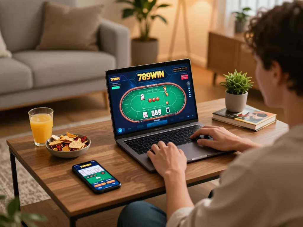 Engaging in online poker on 789WIN from a cozy home setup.