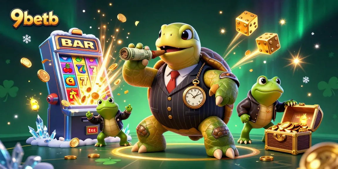 Experience the thrill of 9betb with a vibrant 3D casino scene featuring a turtle in a pinstripe suit and a slot machine bursting with winnings.