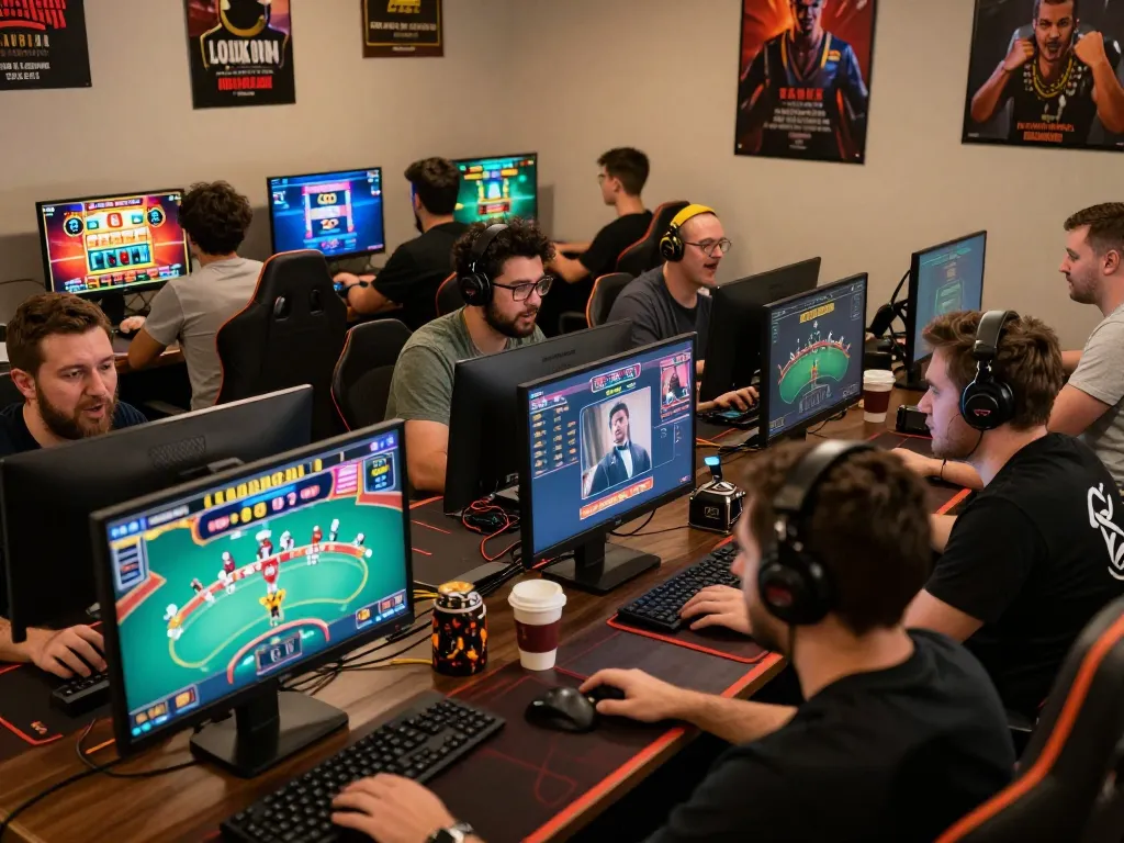 Players engaging in lc88 casino games on multiple screens, showcasing a dynamic online gaming environment.