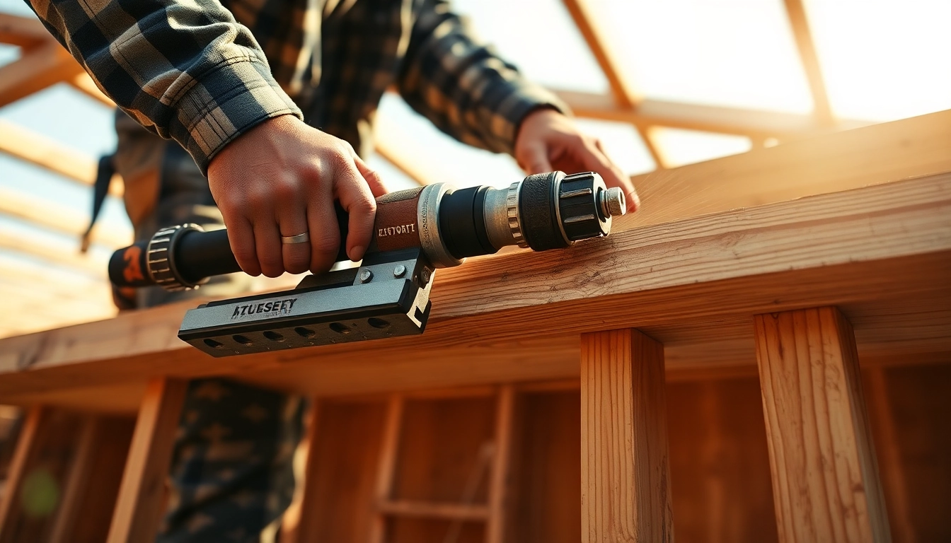 Un cacciavite a percussione in uso, accoppiando legno con precisione.
