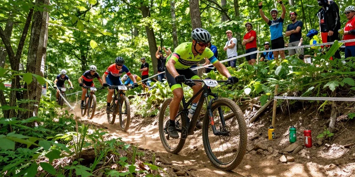 High-energy mountain biking scene with athletes and spectators, highlighting calendario ciclismo event