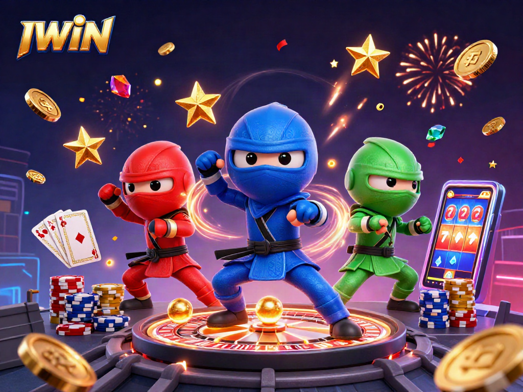 IWIN showcases a vibrant scene with ninja chameleons engaging in thrilling gambling action amidst gold coins.